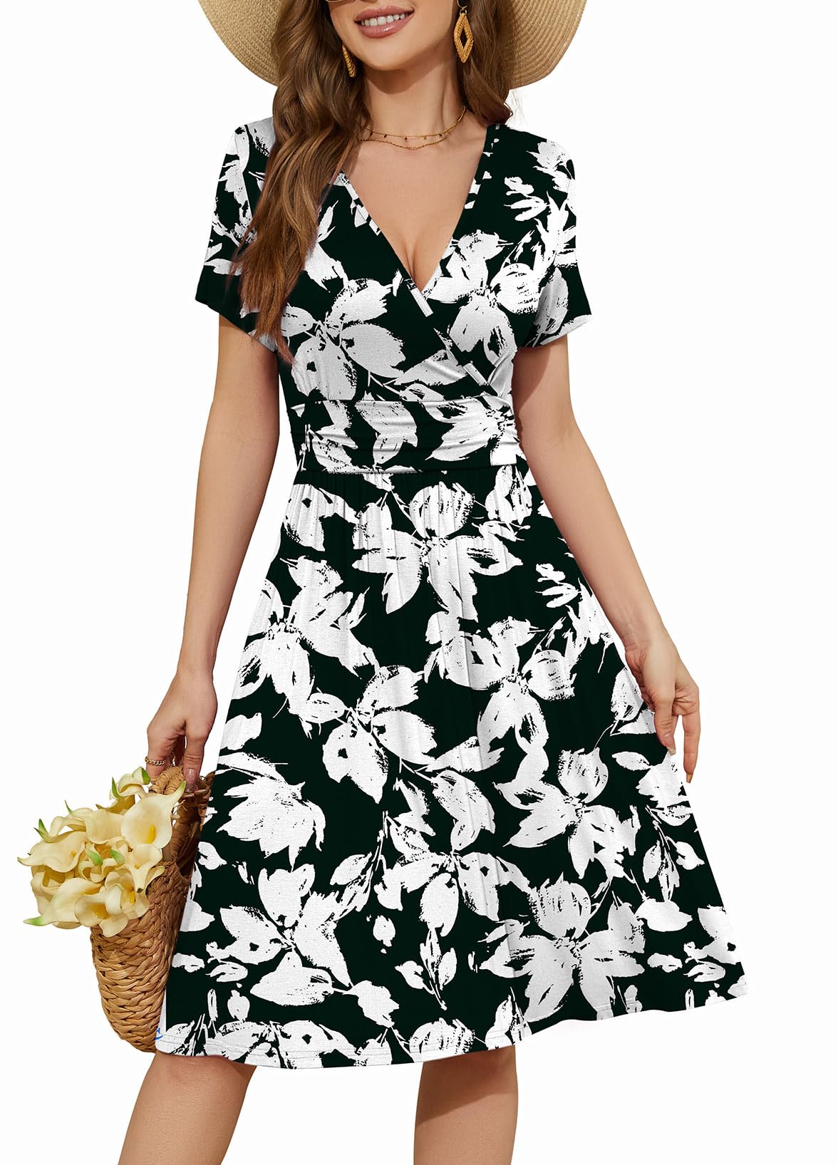 WEACZZY Women's Summer Short Sleeve Casual Dresses V-Neck Floral Party Dress with Pockets