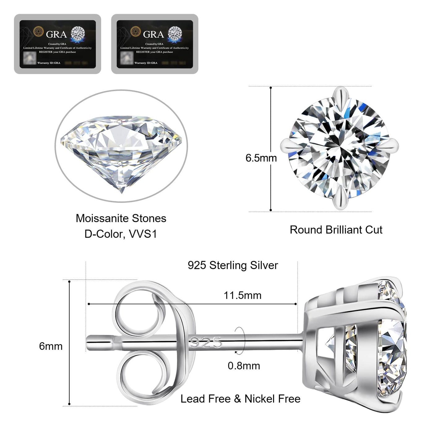 KRKC Moissanite Earrings, Christmas Birthday Gifts with Luxury Box, Hypoallergenic 925 Sterling Silver 14K White Gold Plated, 0.6-3CT D color VVS1 Clarity Lab Created Stud Diamond Earrings for Women