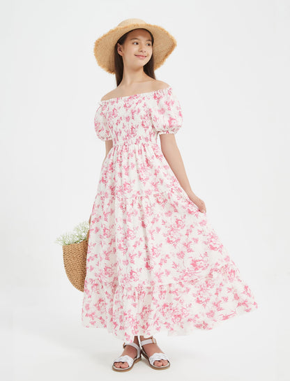 EXARUS Girls Maxi Long Smocked Dress Tween Swiss Dots Summer Square Neck Short Sleeve Casual A-line Dresses for 6-12Y | Tween A-Line Dresses Vacation Beach Sundress Beach Dance Casual Homecoming Party 6-14Y