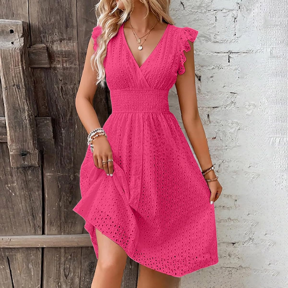Women's V Neck Sleeveless Hollow Out Lace Ruffle Dress Summer Casual Beach Midi Vacation Dress