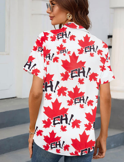 DUTUT Hawaiian Shirts for Women EH Maple Leaf Button Down Shirt Funny Graphic Tshirts Casual Short Sleeve Tops