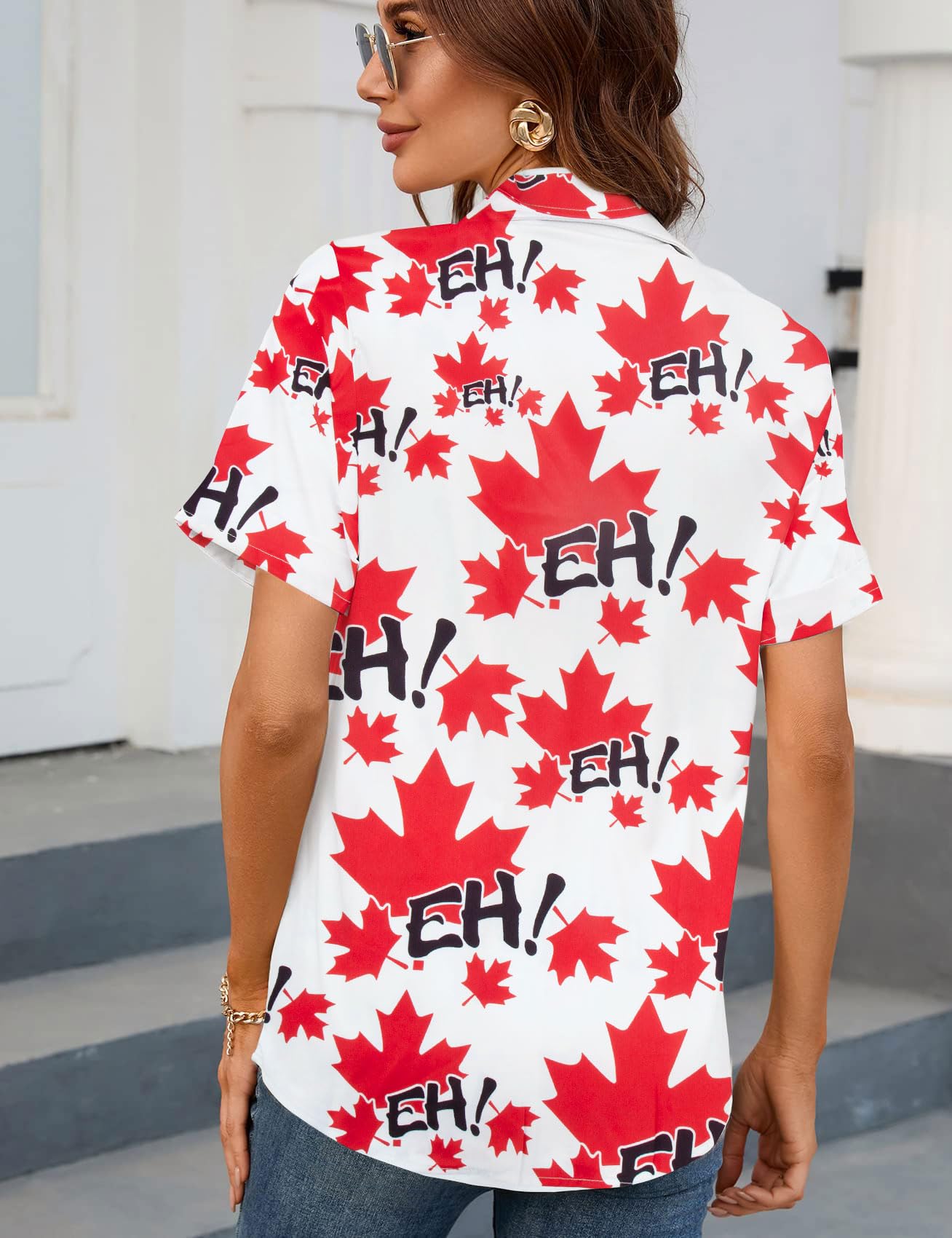 DUTUT Hawaiian Shirts for Women EH Maple Leaf Button Down Shirt Funny Graphic Tshirts Casual Short Sleeve Tops