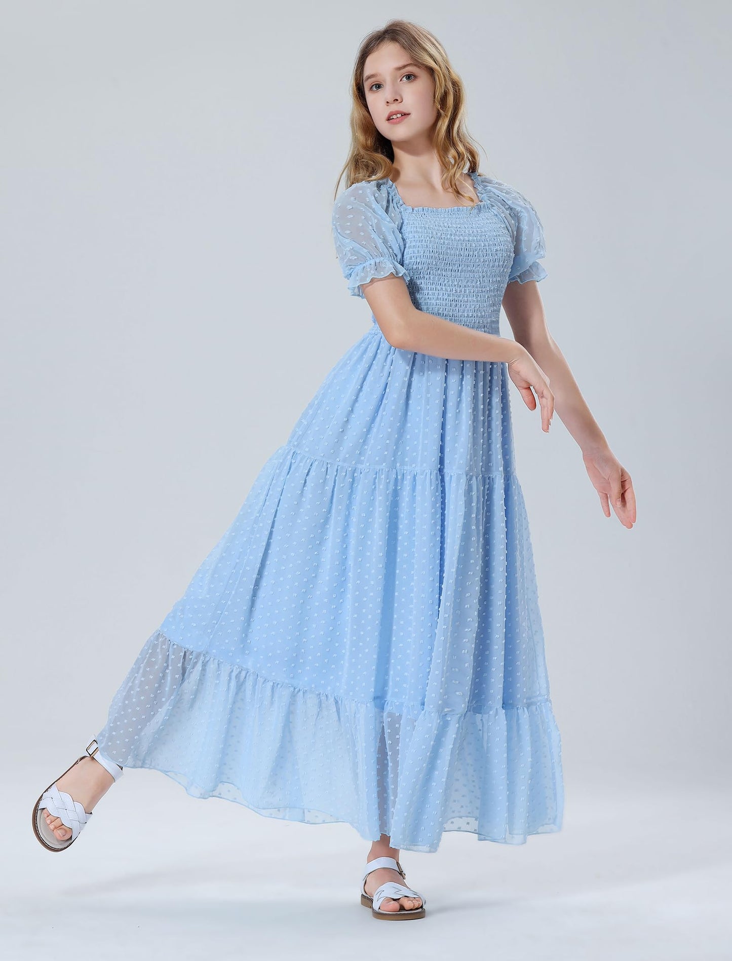 EXARUS Girls Maxi Long Smocked Dress Tween Swiss Dots Summer Square Neck Short Sleeve Casual A-line Dresses for 6-12Y | Tween A-Line Dresses Vacation Beach Sundress Beach Dance Casual Homecoming Party 6-14Y