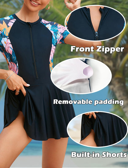 FEOYA Women's Short Sleeve Swimsuits Swim Dress 50+ UPF Rash Guard Modest One Piece Swimwear with Skirt Bathing Suit