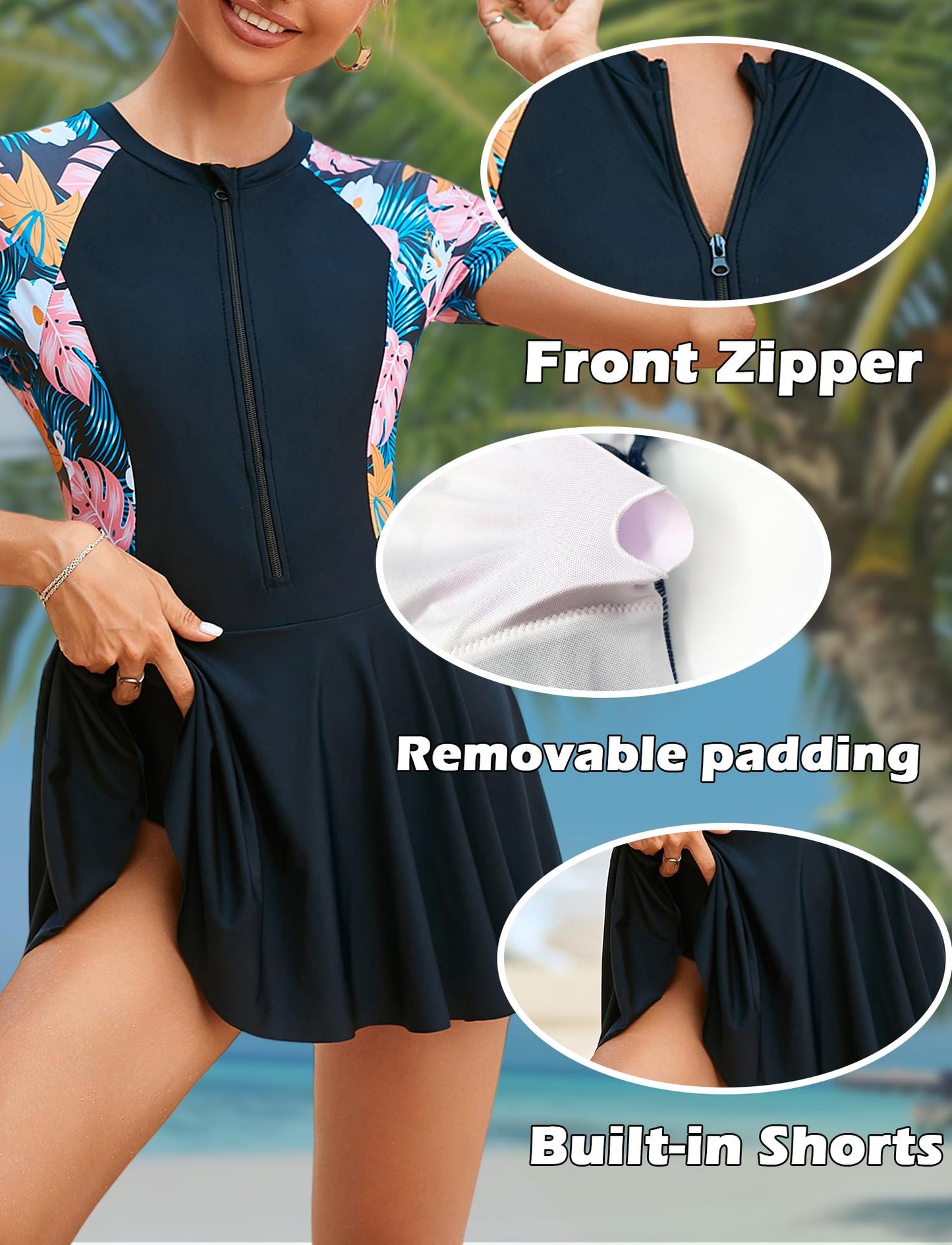 FEOYA Women's Short Sleeve Swimsuits Swim Dress 50+ UPF Rash Guard Modest One Piece Swimwear with Skirt Bathing Suit