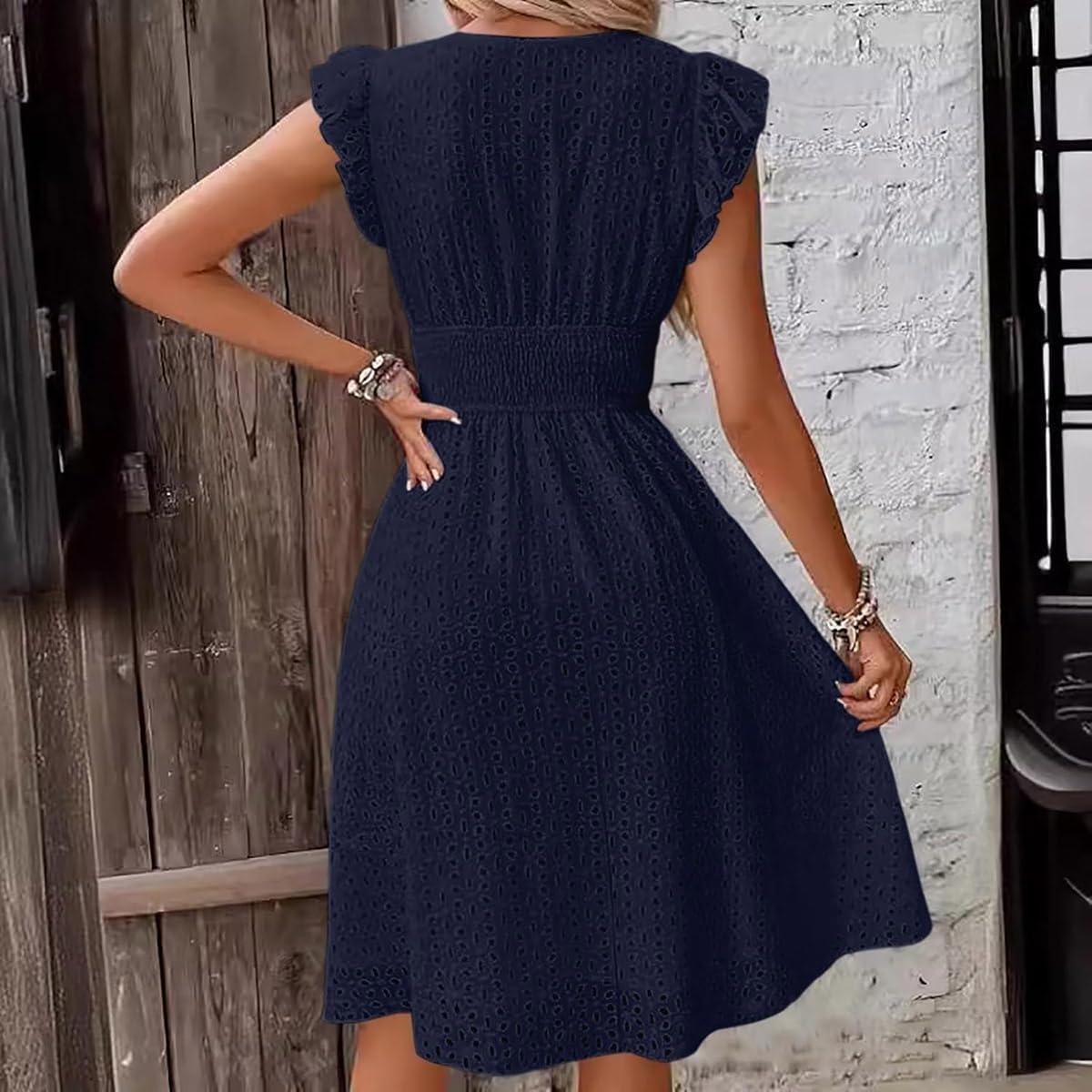 Women's V Neck Sleeveless Hollow Out Lace Ruffle Dress Summer Casual Beach Midi Vacation Dress