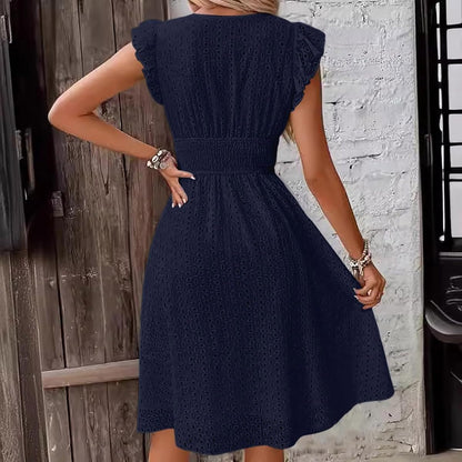 Women's V Neck Sleeveless Hollow Out Lace Ruffle Dress Summer Casual Beach Midi Vacation Dress