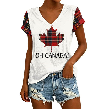 Womens Canada Day Shirts V Neck Short Sleeve Maple Leaf Flag Patriotic Tops Summer Casual Loose 1st July Canadian T-Shirts