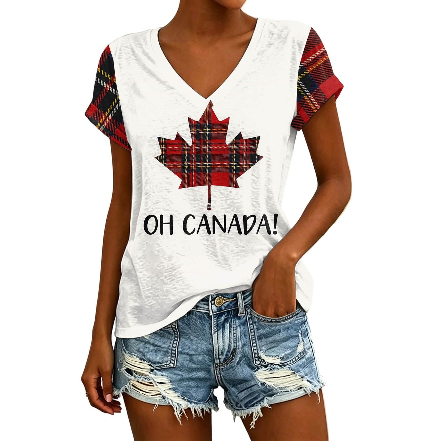 Womens Canada Day Shirts V Neck Short Sleeve Maple Leaf Flag Patriotic Tops Summer Casual Loose 1st July Canadian T-Shirts