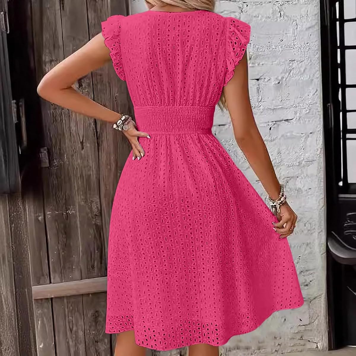 Women's V Neck Sleeveless Hollow Out Lace Ruffle Dress Summer Casual Beach Midi Vacation Dress
