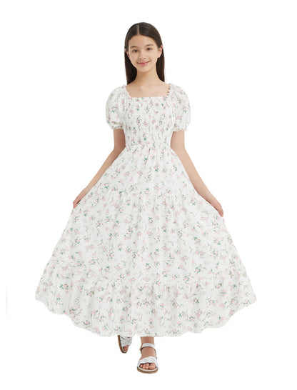 EXARUS Girls Maxi Long Smocked Dress Tween Swiss Dots Summer Square Neck Short Sleeve Casual A-line Dresses for 6-12Y | Tween A-Line Dresses Vacation Beach Sundress Beach Dance Casual Homecoming Party 6-14Y