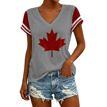 Womens Canada Day Shirts V Neck Short Sleeve Maple Leaf Flag Patriotic Tops Summer Casual Loose 1st July Canadian T-Shirts