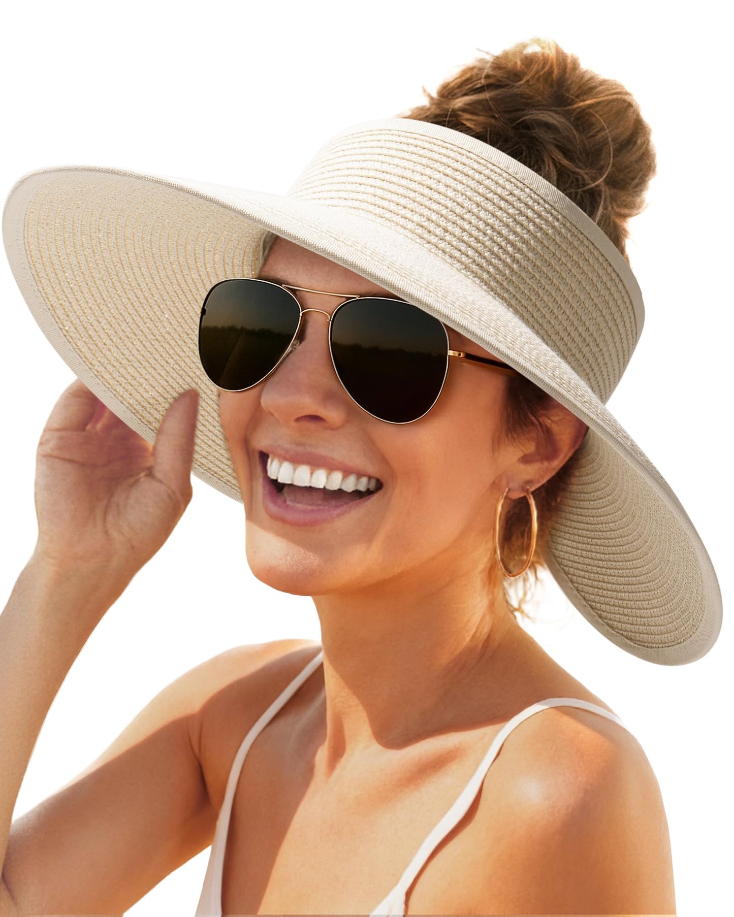 FURTALK Sun Visor Hats for Women Wide Brim Straw Roll Up Ponytail Summer Beach Hat UV UPF 50 Packable Foldable Travel