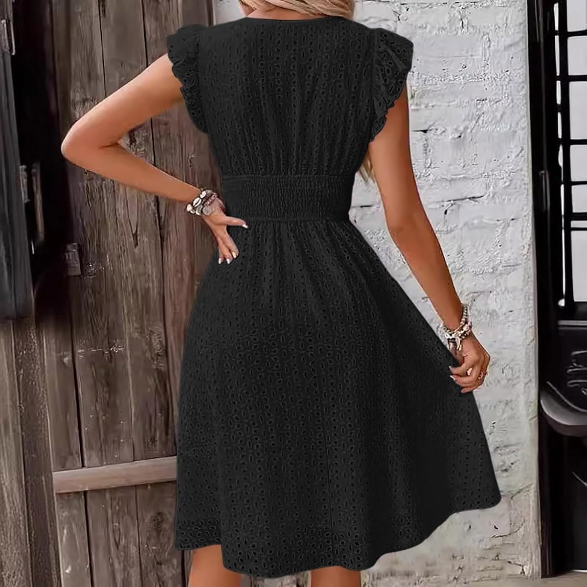 Women's V Neck Sleeveless Hollow Out Lace Ruffle Dress Summer Casual Beach Midi Vacation Dress