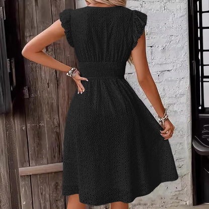 Women's V Neck Sleeveless Hollow Out Lace Ruffle Dress Summer Casual Beach Midi Vacation Dress