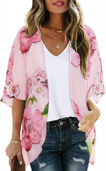 Womens Floral Kimono Cardigan Chiffon Beach Coverups Sheer Swimsuit Cover Up Casual Summer Tops