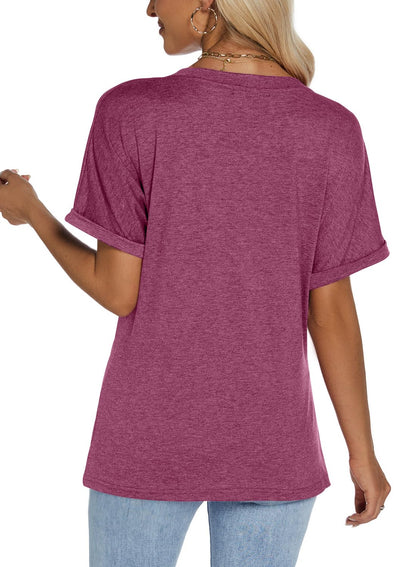 isermeo Womens Tshirts V Neck Short Rolled Sleeve Buttons Tops Tee Solid Blouse Loose Fit 2026 S-XXL