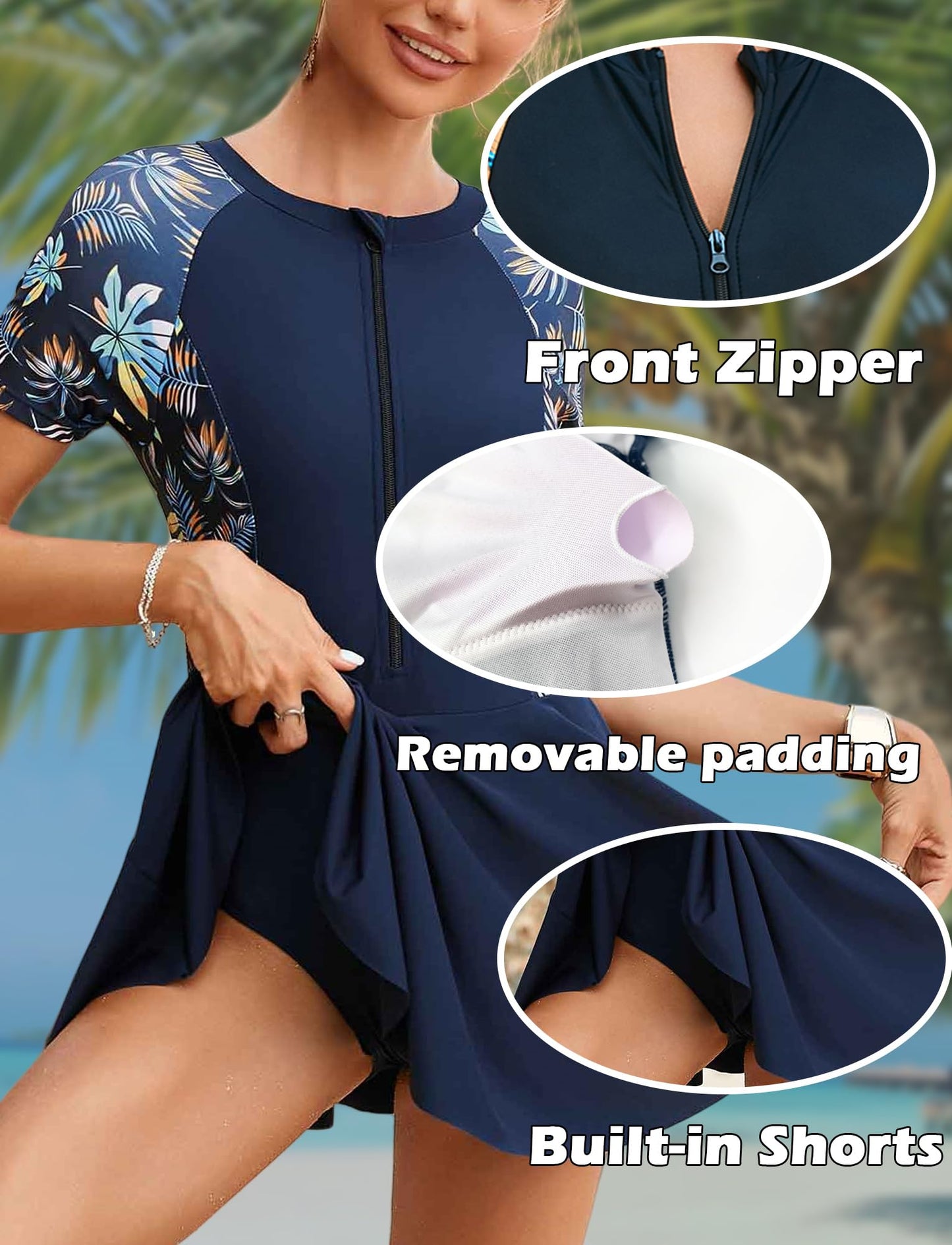 FEOYA Women's Short Sleeve Swimsuits Swim Dress 50+ UPF Rash Guard Modest One Piece Swimwear with Skirt Bathing Suit