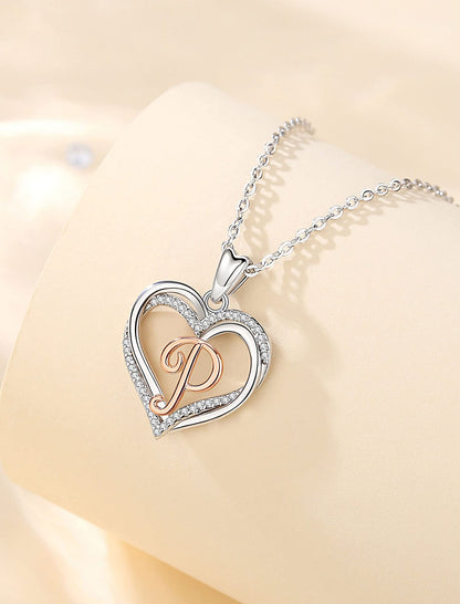 INFUSEU Sterling Silver Heart Initial Pendant Necklaces for Women Girls, Letter A-Z Jewelry Personalized Birthday Name Gifts for Her, 20 Inch Chain