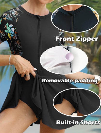 FEOYA Women's Short Sleeve Swimsuits Swim Dress 50+ UPF Rash Guard Modest One Piece Swimwear with Skirt Bathing Suit