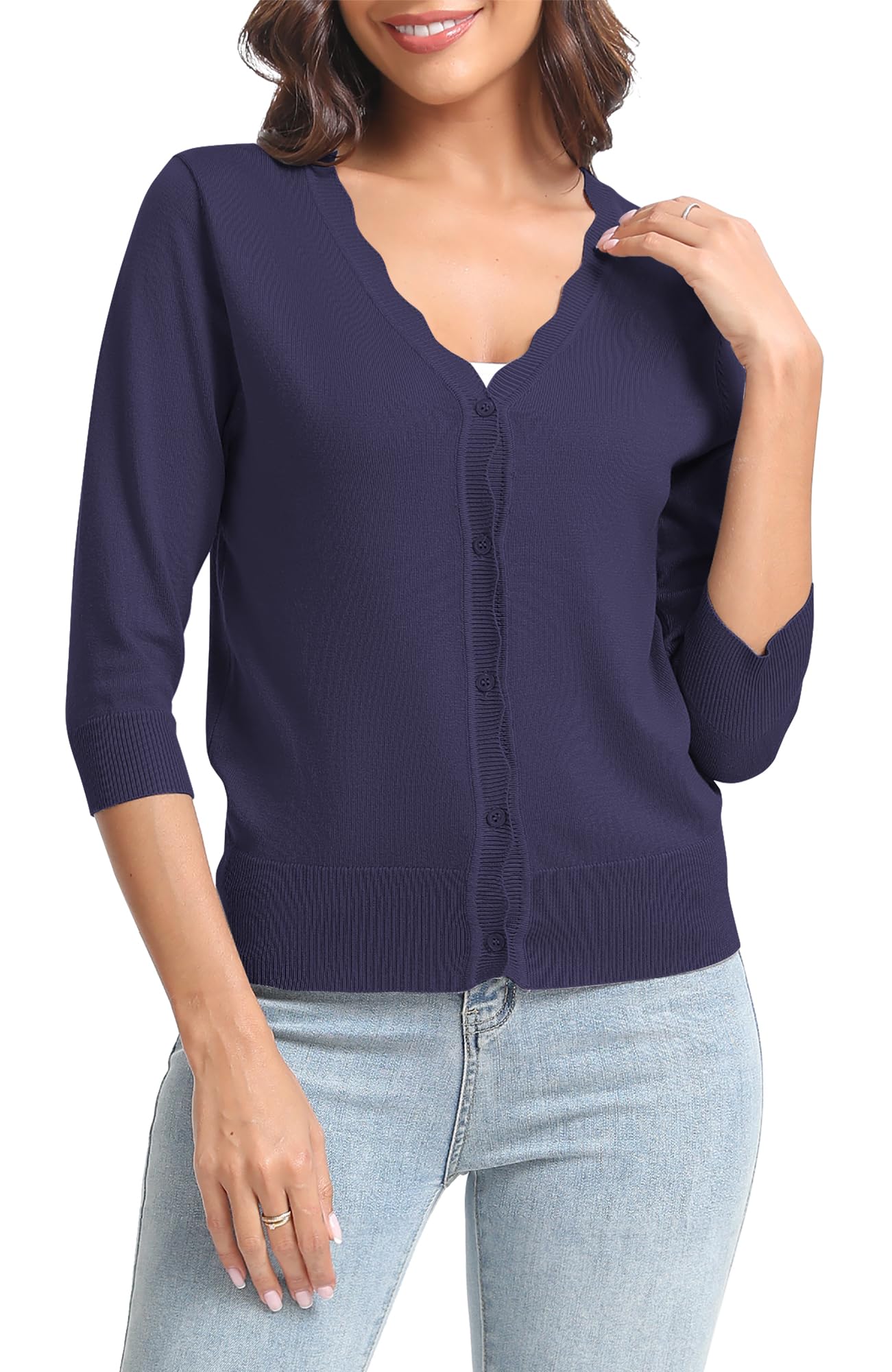 Urban CoCo Woman's 3/4 Sleeve Solid V-Neck Cardigan Sweater for Dress Lightweight Knit Shrugs