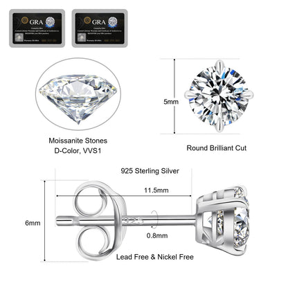 KRKC Moissanite Earrings, Christmas Birthday Gifts with Luxury Box, Hypoallergenic 925 Sterling Silver 14K White Gold Plated, 0.6-3CT D color VVS1 Clarity Lab Created Stud Diamond Earrings for Women