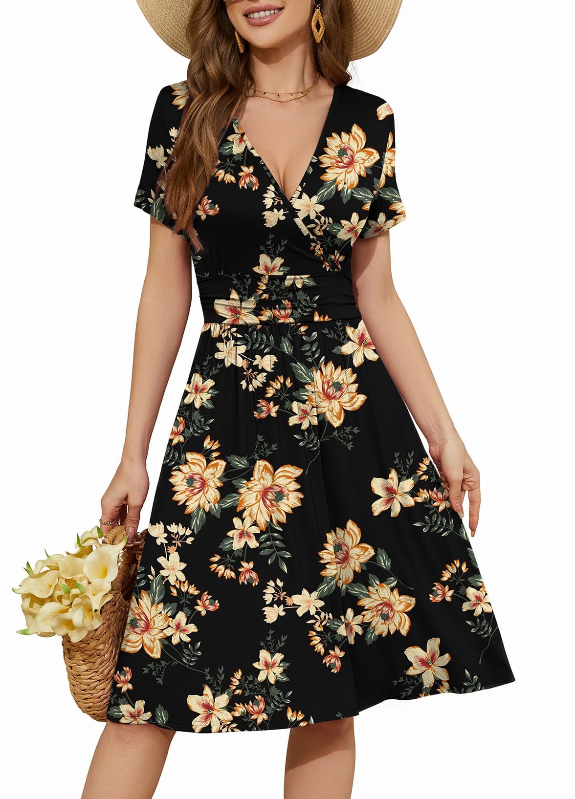 WEACZZY Women's Summer Short Sleeve Casual Dresses V-Neck Floral Party Dress with Pockets