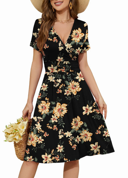 WEACZZY Women's Summer Short Sleeve Casual Dresses V-Neck Floral Party Dress with Pockets
