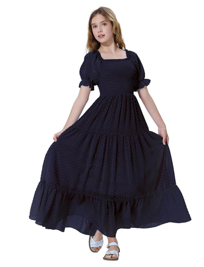 EXARUS Girls Maxi Long Smocked Dress Tween Swiss Dots Summer Square Neck Short Sleeve Casual A-line Dresses for 6-12Y | Tween A-Line Dresses Vacation Beach Sundress Beach Dance Casual Homecoming Party 6-14Y