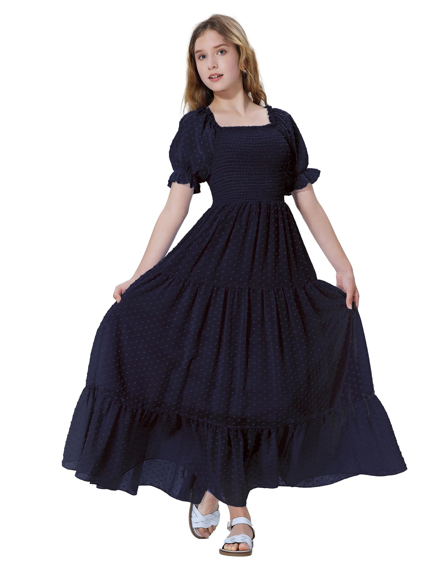EXARUS Girls Maxi Long Smocked Dress Tween Swiss Dots Summer Square Neck Short Sleeve Casual A-line Dresses for 6-12Y | Tween A-Line Dresses Vacation Beach Sundress Beach Dance Casual Homecoming Party 6-14Y