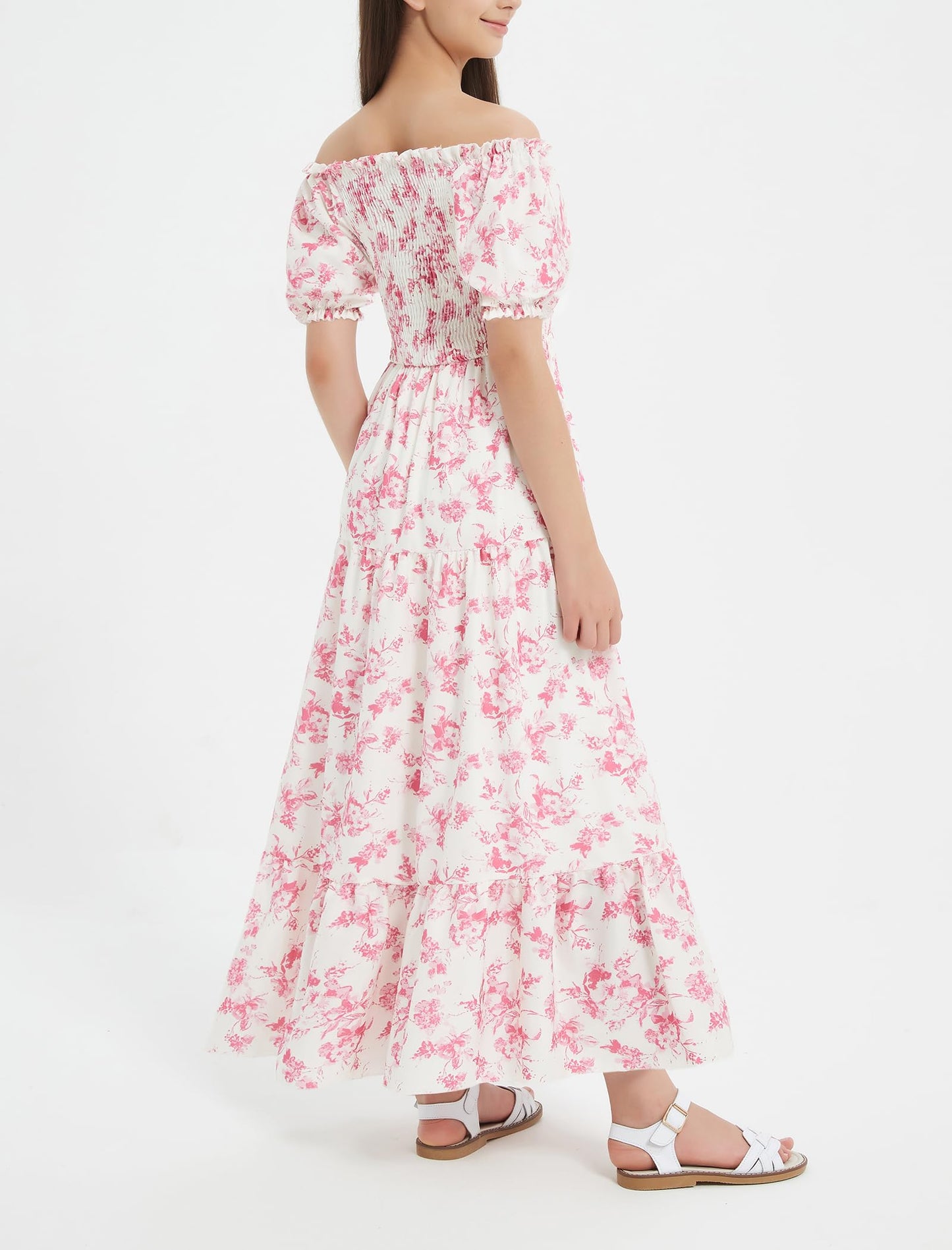 EXARUS Girls Maxi Long Smocked Dress Tween Swiss Dots Summer Square Neck Short Sleeve Casual A-line Dresses for 6-12Y | Tween A-Line Dresses Vacation Beach Sundress Beach Dance Casual Homecoming Party 6-14Y