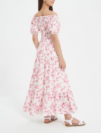 EXARUS Girls Maxi Long Smocked Dress Tween Swiss Dots Summer Square Neck Short Sleeve Casual A-line Dresses for 6-12Y | Tween A-Line Dresses Vacation Beach Sundress Beach Dance Casual Homecoming Party 6-14Y