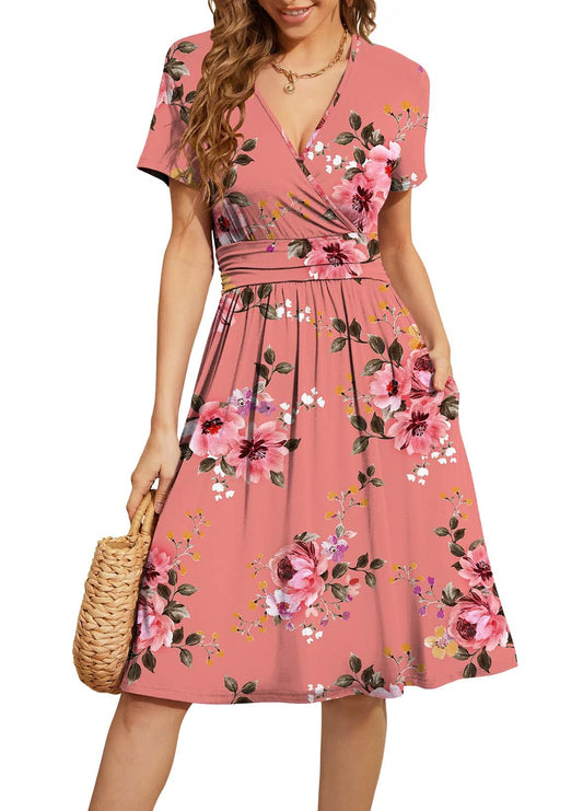 WEACZZY Women's Summer Short Sleeve Casual Dresses V-Neck Floral Party Dress with Pockets