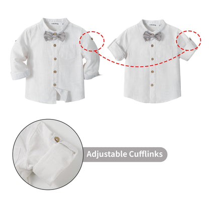 Volunboy Baby Boys Cotton Linen Formal Suspenders Outfits with Bowtie Toddler Long Sleeve Gentleman Wedding Dress Clothes