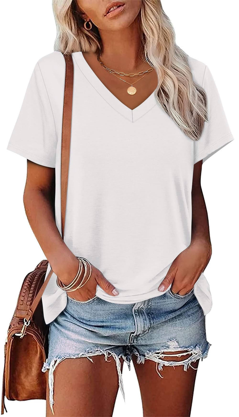 Womens Summer Tops Short Sleeve V Neck Casual T-Shirts Printed Trendy Vacation Outfits