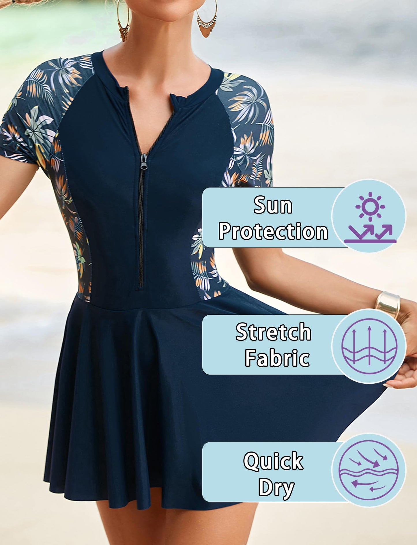 FEOYA Women's Short Sleeve Swimsuits Swim Dress 50+ UPF Rash Guard Modest One Piece Swimwear with Skirt Bathing Suit