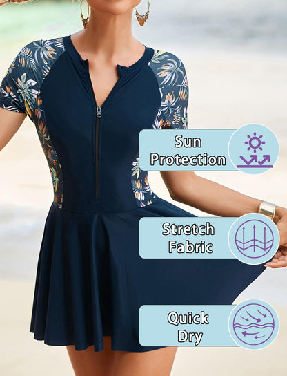 FEOYA Women's Short Sleeve Swimsuits Swim Dress 50+ UPF Rash Guard Modest One Piece Swimwear with Skirt Bathing Suit
