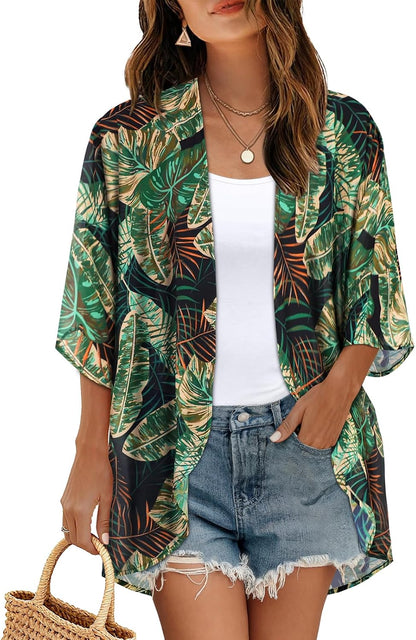 Womens Floral Kimono Cardigan Chiffon Beach Coverups Sheer Swimsuit Cover Up Casual Summer Tops