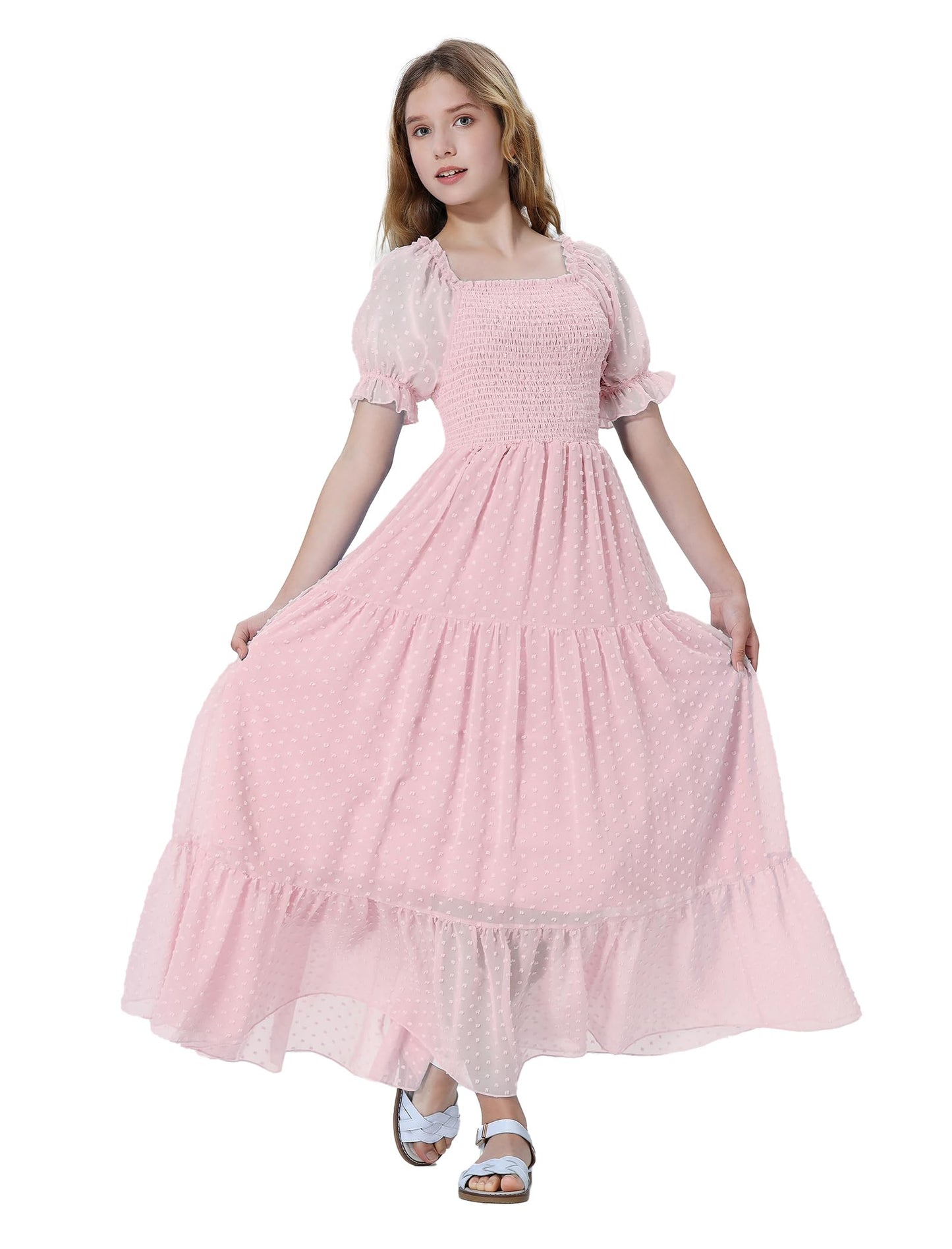 EXARUS Girls Maxi Long Smocked Dress Tween Swiss Dots Summer Square Neck Short Sleeve Casual A-line Dresses for 6-12Y | Tween A-Line Dresses Vacation Beach Sundress Beach Dance Casual Homecoming Party 6-14Y