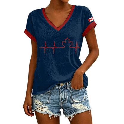 Womens Canada Day Shirts V Neck Short Sleeve Maple Leaf Flag Patriotic Tops Summer Casual Loose 1st July Canadian T-Shirts