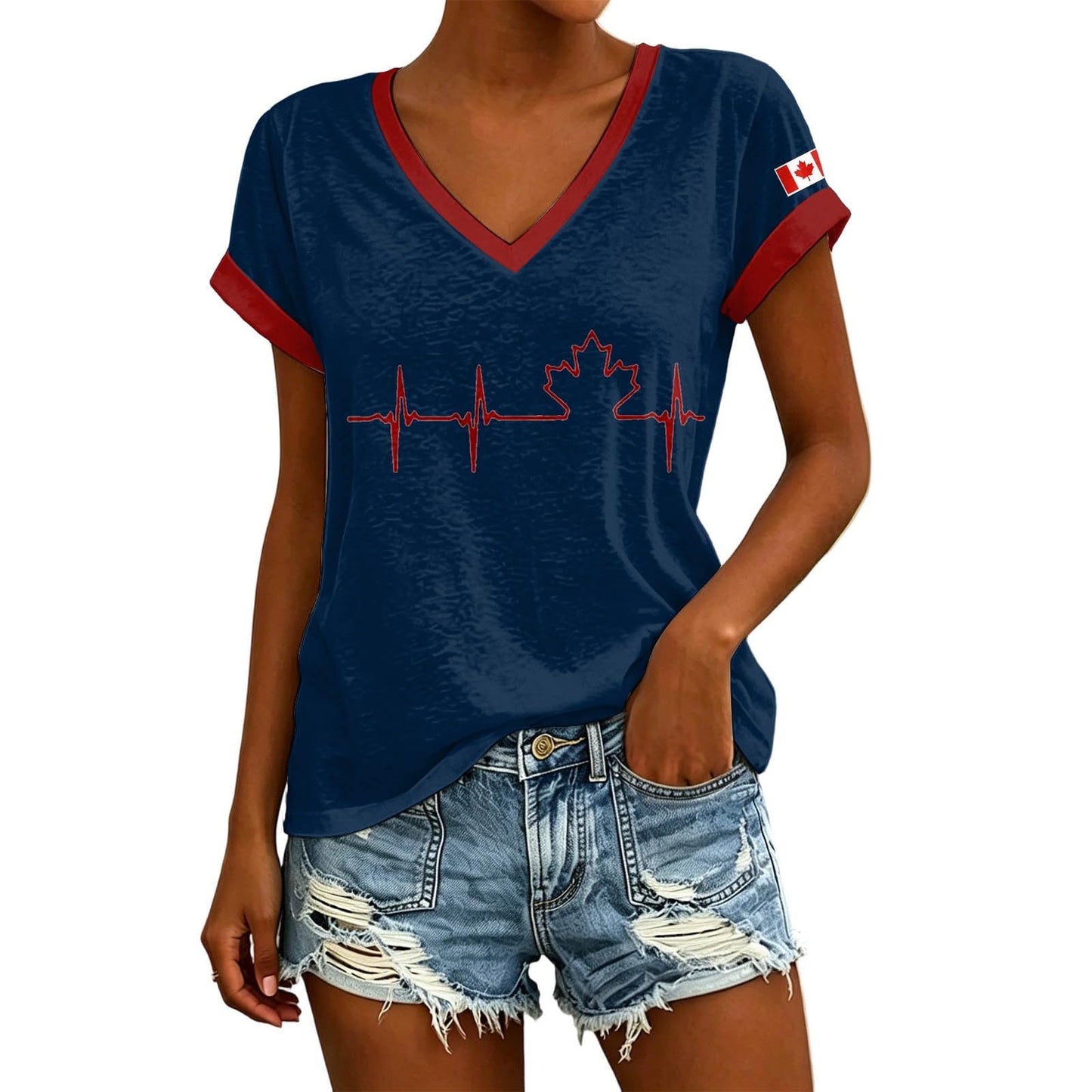 Womens Canada Day Shirts V Neck Short Sleeve Maple Leaf Flag Patriotic Tops Summer Casual Loose 1st July Canadian T-Shirts