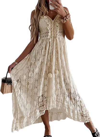 CUPSHE Women's Summer Slip Boho Maxi Dress Lace Up Tassel V-Neck Flare Ruffle Beach Dresses White