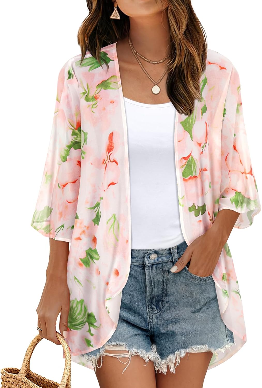 Womens Floral Kimono Cardigan Chiffon Beach Coverups Sheer Swimsuit Cover Up Casual Summer Tops