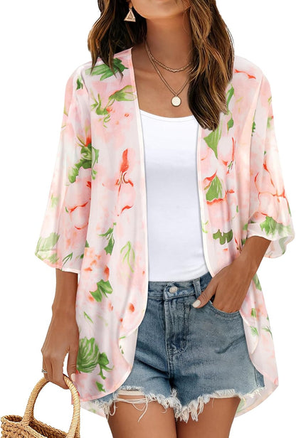 Womens Floral Kimono Cardigan Chiffon Beach Coverups Sheer Swimsuit Cover Up Casual Summer Tops