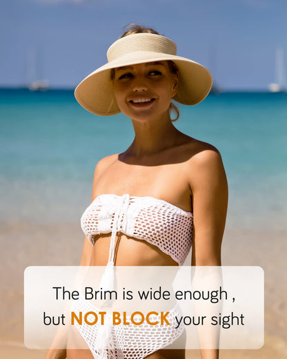 FURTALK Sun Visor Hats for Women Wide Brim Straw Roll Up Ponytail Summer Beach Hat UV UPF 50 Packable Foldable Travel