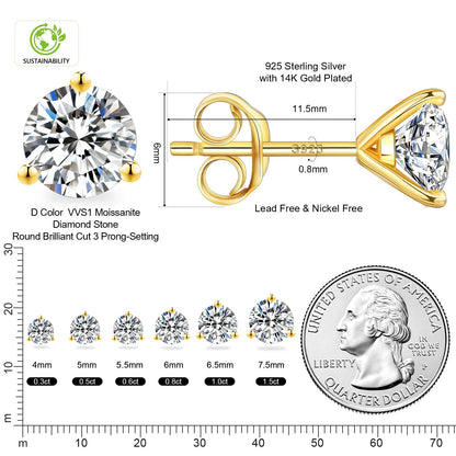 KRKC Moissanite Earrings, Christmas Birthday Gifts with Luxury Box, Hypoallergenic 925 Sterling Silver 14K White Gold Plated, 0.6-3CT D color VVS1 Clarity Lab Created Stud Diamond Earrings for Women