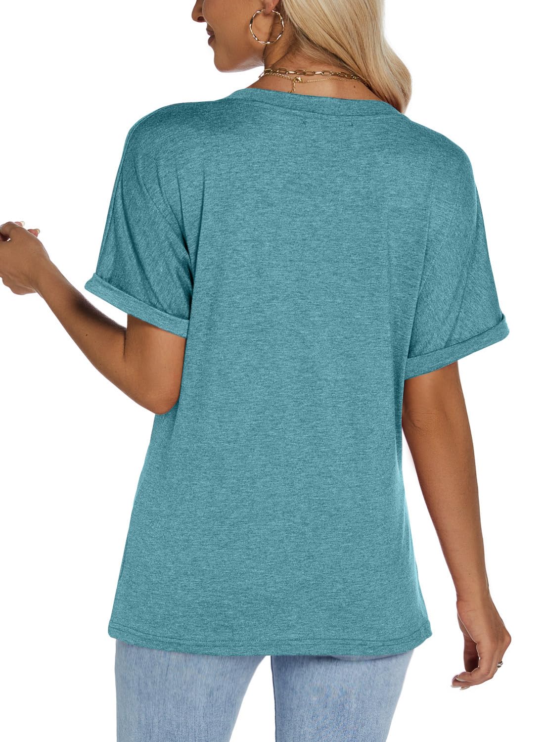 isermeo Womens Tshirts V Neck Short Rolled Sleeve Buttons Tops Tee Solid Blouse Loose Fit 2026 S-XXL