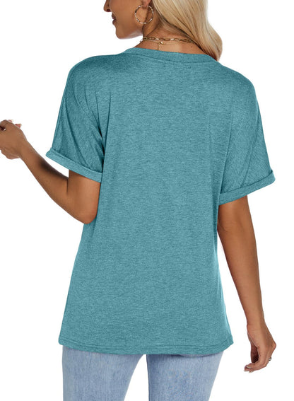 isermeo Womens Tshirts V Neck Short Rolled Sleeve Buttons Tops Tee Solid Blouse Loose Fit 2026 S-XXL