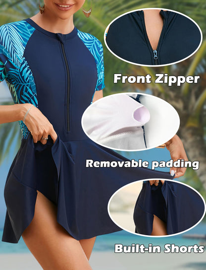FEOYA Women's Short Sleeve Swimsuits Swim Dress 50+ UPF Rash Guard Modest One Piece Swimwear with Skirt Bathing Suit