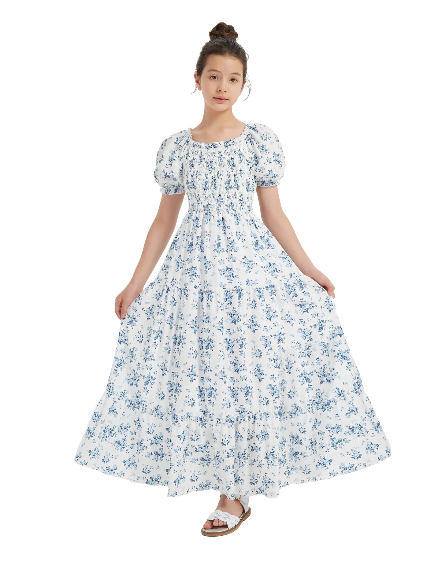 EXARUS Girls Maxi Long Smocked Dress Tween Swiss Dots Summer Square Neck Short Sleeve Casual A-line Dresses for 6-12Y | Tween A-Line Dresses Vacation Beach Sundress Beach Dance Casual Homecoming Party 6-14Y